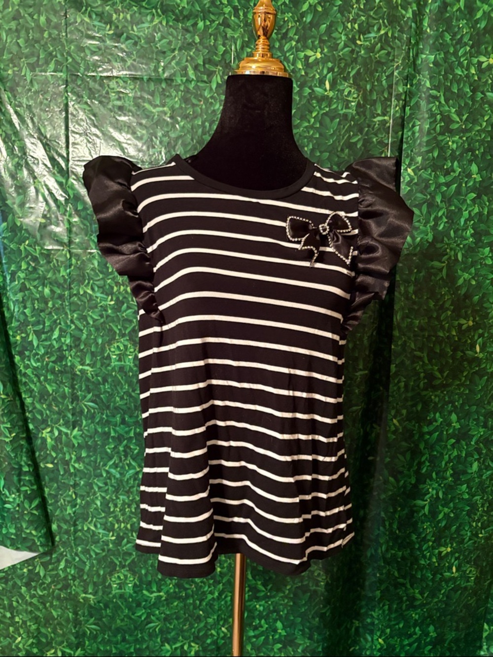 Black & White Striped Ruffle Sleeve Top with Bow Detail